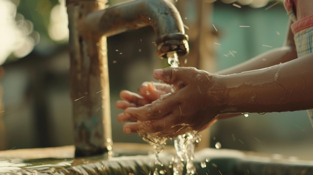 L'eau cristalline jaillit d'un robinet symbolisant la pureté, le rafraîchissement et l'essence de la vie.