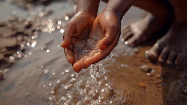 Photo l'eau dans la main d'un enfant africain la pénurie d'eau et le concept de la journée mondiale de l'eau