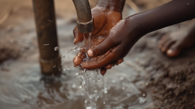 Photo l'eau dans la main d'un enfant africain la pénurie d'eau et le concept de la journée mondiale de l'eau