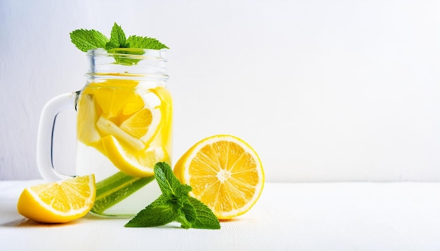 Eau de désintoxication infusée avec du concombre, du citron et de la menthe dans une bouteille de verre table blanche alimentation saine