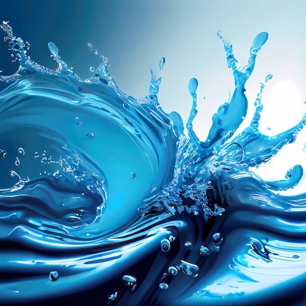 L'eau éclabousse des vagues liquides bleues avec des tourbillons et des gouttes