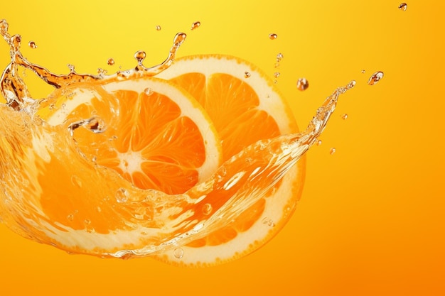 L'eau éclaboussée sur une orange tranchée sur un fond orange