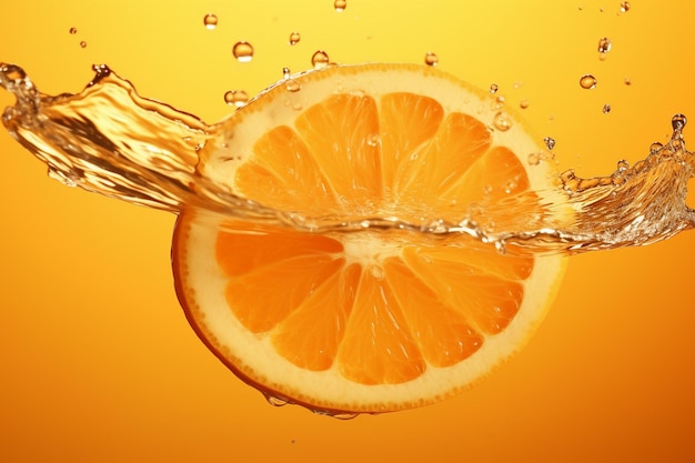 L'eau éclaboussée sur une orange tranchée sur un fond orange