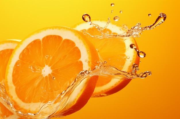 L'eau éclaboussée sur une orange tranchée sur un fond orange