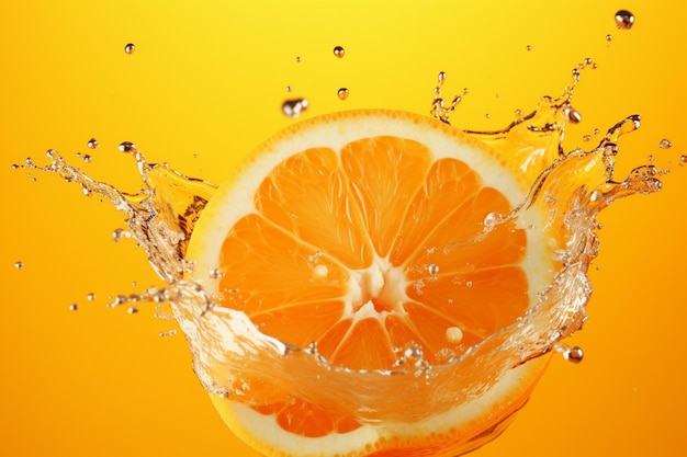 L'eau éclaboussée sur une orange tranchée sur un fond orange