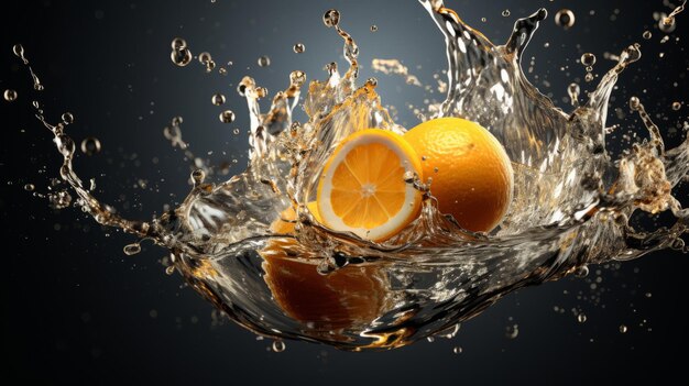 L'eau éclaboussée avec des oranges en mouvement