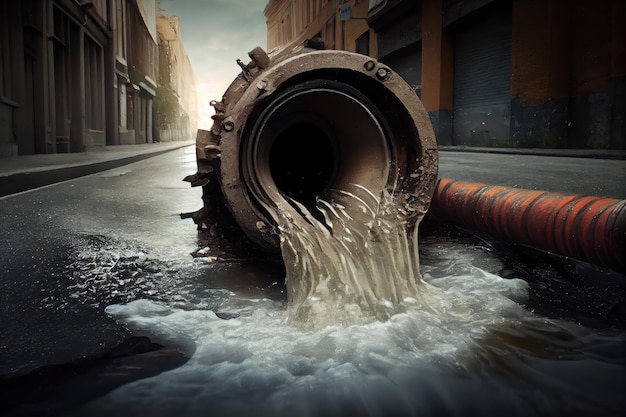 Photo l'eau d'égout jaillit d'un tuyau cassé et inonde la rue