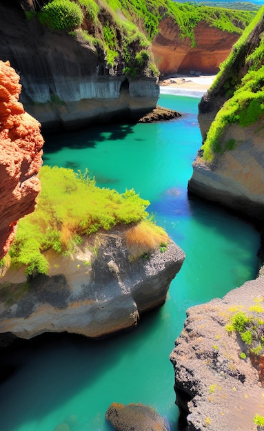 L'eau est bleue et verte.