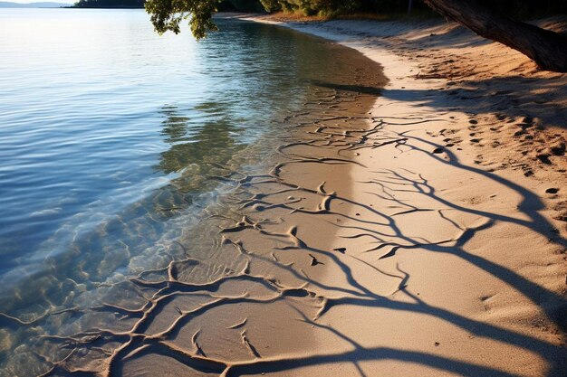 l'eau est calme et le sable vient de l'océan.