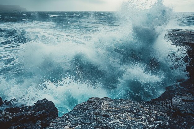Photo l'eau est rugueuse et il y a une vague qui s'écrase sur les rochers.