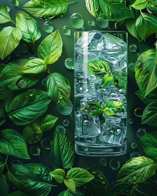 Eau avec des feuilles de menthe et des cubes de glace sur un fond vert foncé