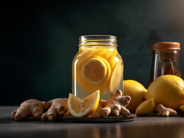 Eau de gingembre dans un bocal en verre avec du citron et du miel sur fond gris avec copie espace ai générative