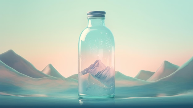 Eau minérale pure dans une bouteille en verre Liquide propre sur fond de montagne AI générative