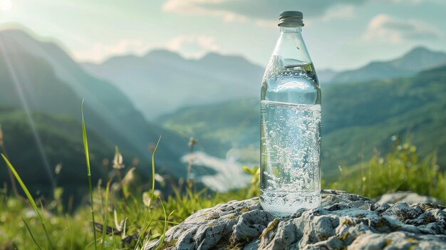 Photo eau minérale pure dans une bouteille de verre liquide propre sur fond de montagne