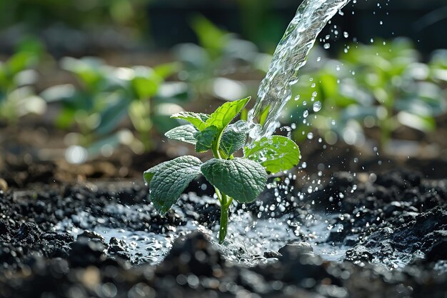 L'eau nourrit une jeune plante dans le sol, soulignant la croissance et les soins dans la nature.