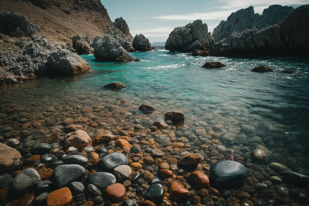 De l'eau avec des pierres entourée de rochers