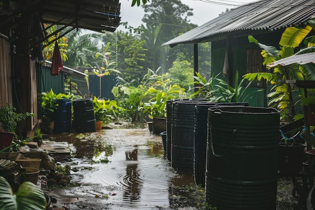 L'eau de pluie recueillie dans des barils pendant une forte pluie dans une cour tropicale