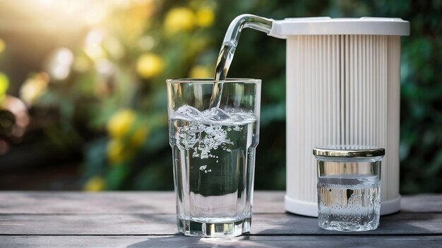 Photo eau pure dans des filtres à eau en verre sur le système de filtration domestique à fond flou