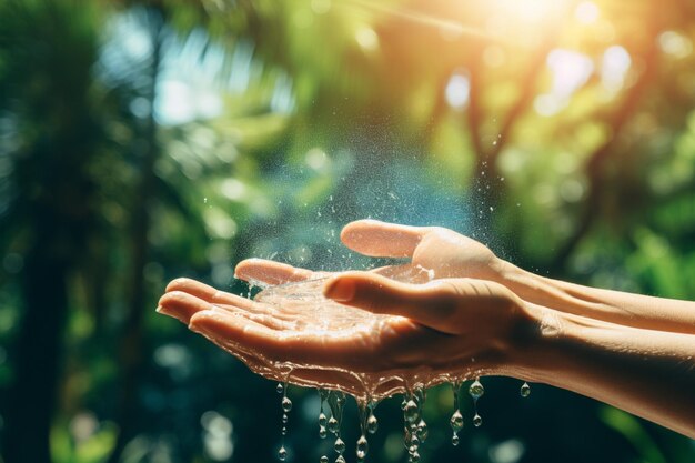 L'eau qui coule sur la main avec la nature floue