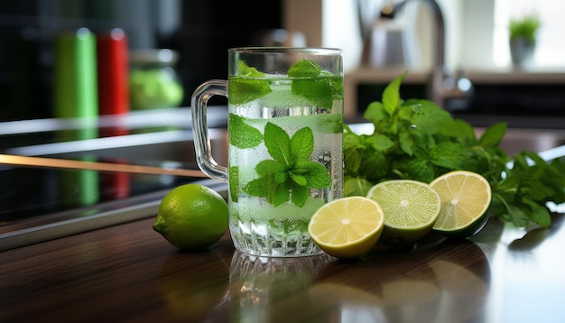 Eau rafraîchissante infusée de citron et de citron vert dans des verres traditionnels sur le comptoir de cuisine blanc