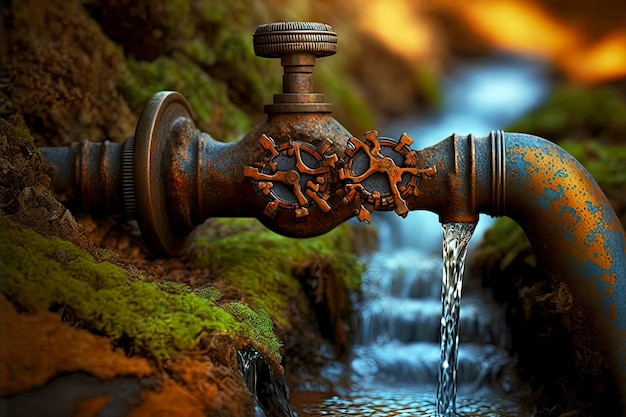 L'eau s'écoule du robinet rouillé dans un petit ruisseau