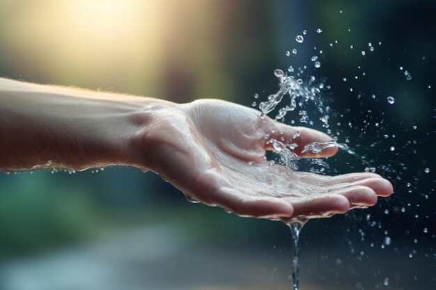 Photo l'eau se déverse sur la main dans le fond de la lumière du matin