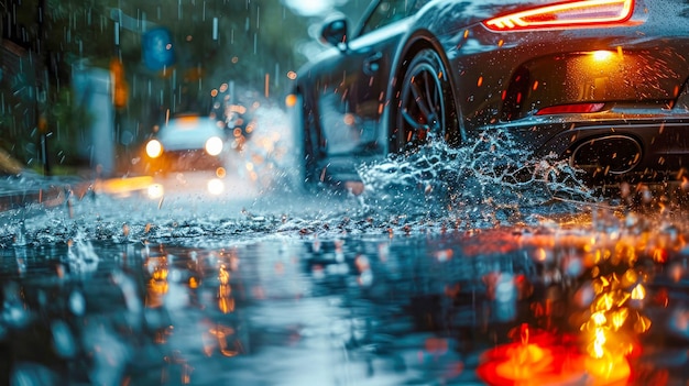 L'eau tombe sur une voiture en ville pendant une forte pluie.