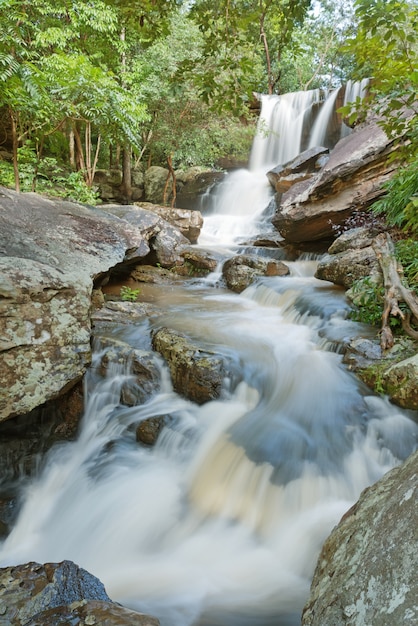 Eau turbide à la cascade avec glissade de pierre et danger