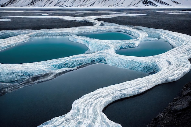 Eau turquoise foncée et traînées de rivières aériennes blanches d'Islande