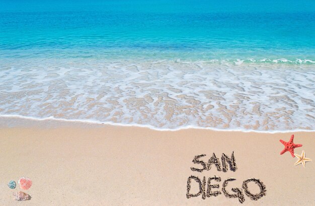 Photo eau turquoise et sable doré avec coquillages et étoiles de mer avec san diego écrit dessus