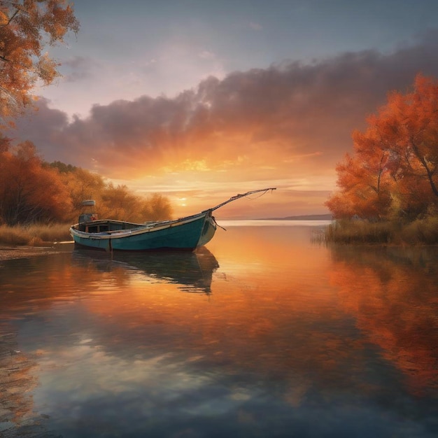 Des eaux calmes avec un bateau au coucher du soleil