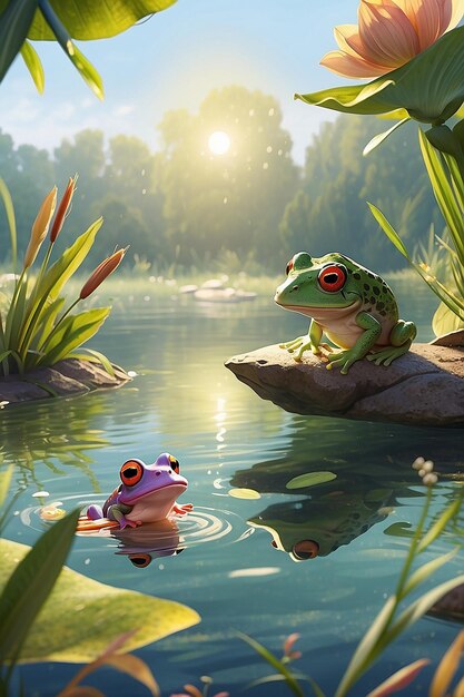 Les eaux scintillent sous la lumière du soleil Une petite grenouille est assise au bord du lac