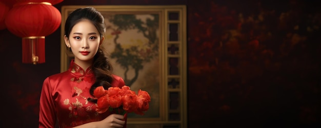 Une éblouissante femme chinoise en robe rouge tenant un vase de fleurs rouges