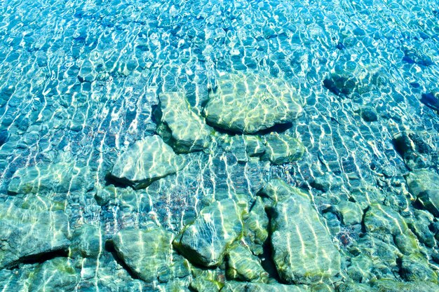 L'éblouissement du soleil sur les eaux claires du lac de montagne avec de grosses pierres sur le fondxA