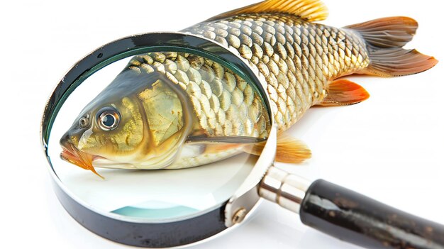 Photo Écailles de carpe crucian sous loupe isolées sur fond blanc génératif ai