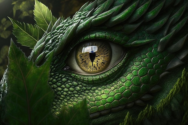 Écailles vertes et tête de dragon forestier avec œil de serpent créées avec une IA générative