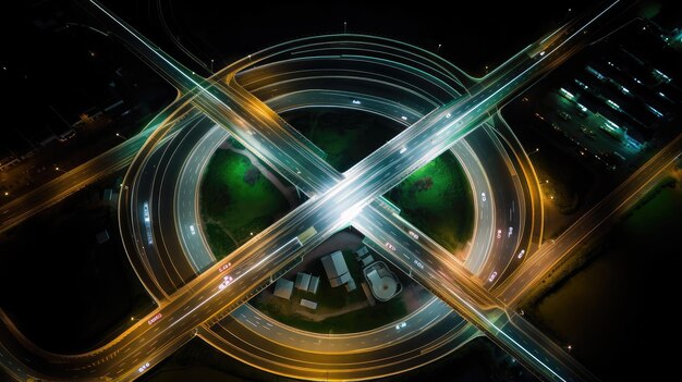 Photo Échangeur d'autoroute éclairé de nuit vue aérienne