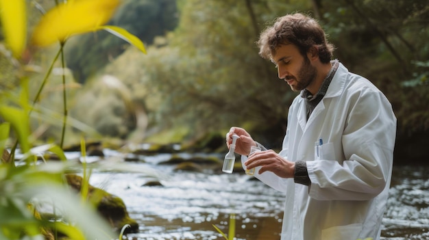 L'échantillonnage de l'eau dans les paysages naturels est effectué par un scientifique AIG41