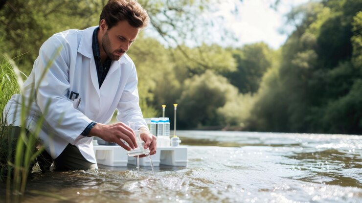 Photo l'échantillonnage de l'eau dans les paysages naturels est effectué par un scientifique aig41