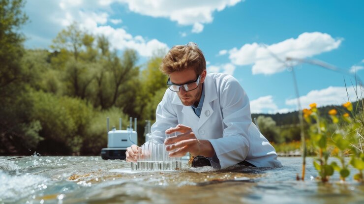 Photo l'échantillonnage de l'eau dans les paysages naturels est effectué par un scientifique aig