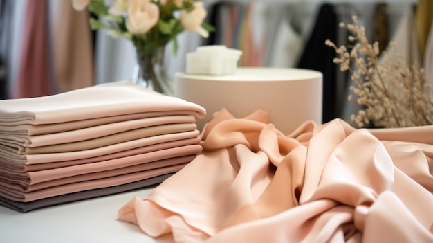 Photo des échantillons de tissus dans un atelier de couture dans une couleur persique douce