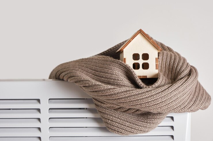 Photo echarpe et petite maquette en bois de la maison sur radiateur de chauffage électrique
