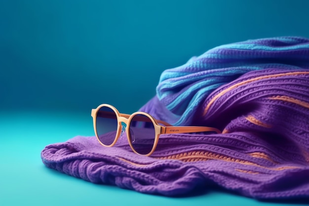 Une écharpe violette et orange avec une paire de lunettes de soleil dessus.