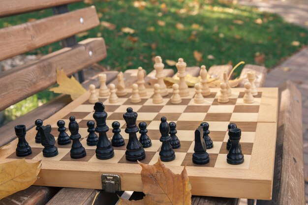 Échecs En Bois Sur Le Banc Dans Un Parc De La Ville.