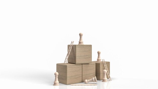 Photo les échecs en bois et le cube sur fond blanc pour le rendu 3d du concept d'entreprise