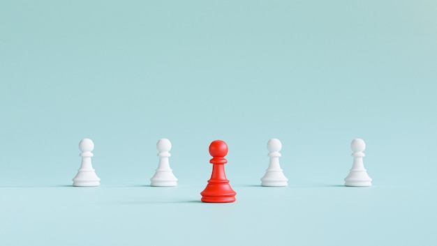 Les échecs du pion rouge sont sortis de la ligne pour diriger les échecs blancs sur fond bleu pour différentes idées de réflexion et concept de leadership par rendu 3d.