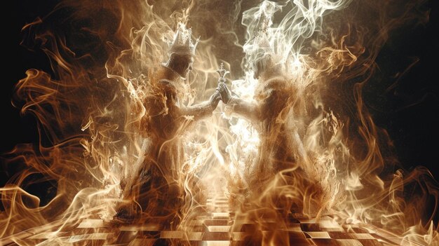 des échecs élégants se dressent sur un échiquier et un feu brûle autour de la bataille des rois