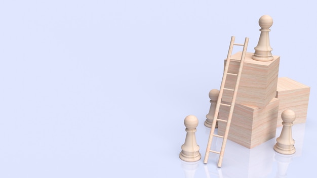 Les échecs et l'escalier sur cube de bois pour le rendu 3d du concept d'entreprise