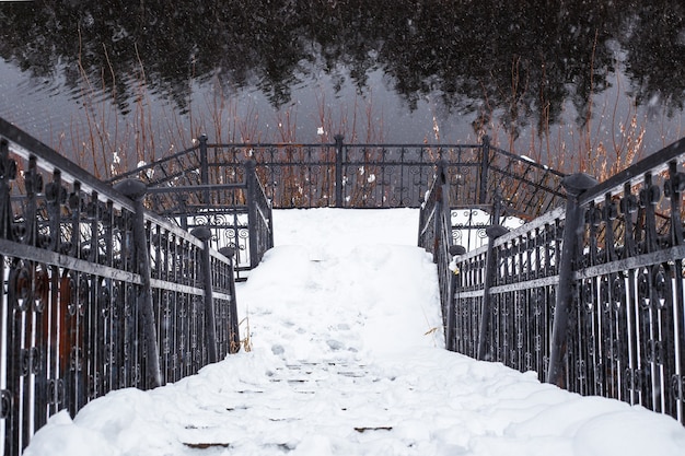 échelle au bord de la rivière dans la forêt après la chute de neige