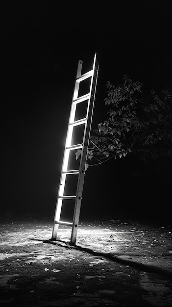 Une échelle debout près d'un arbre et bénie par la lumière d'une lanterne de nuit